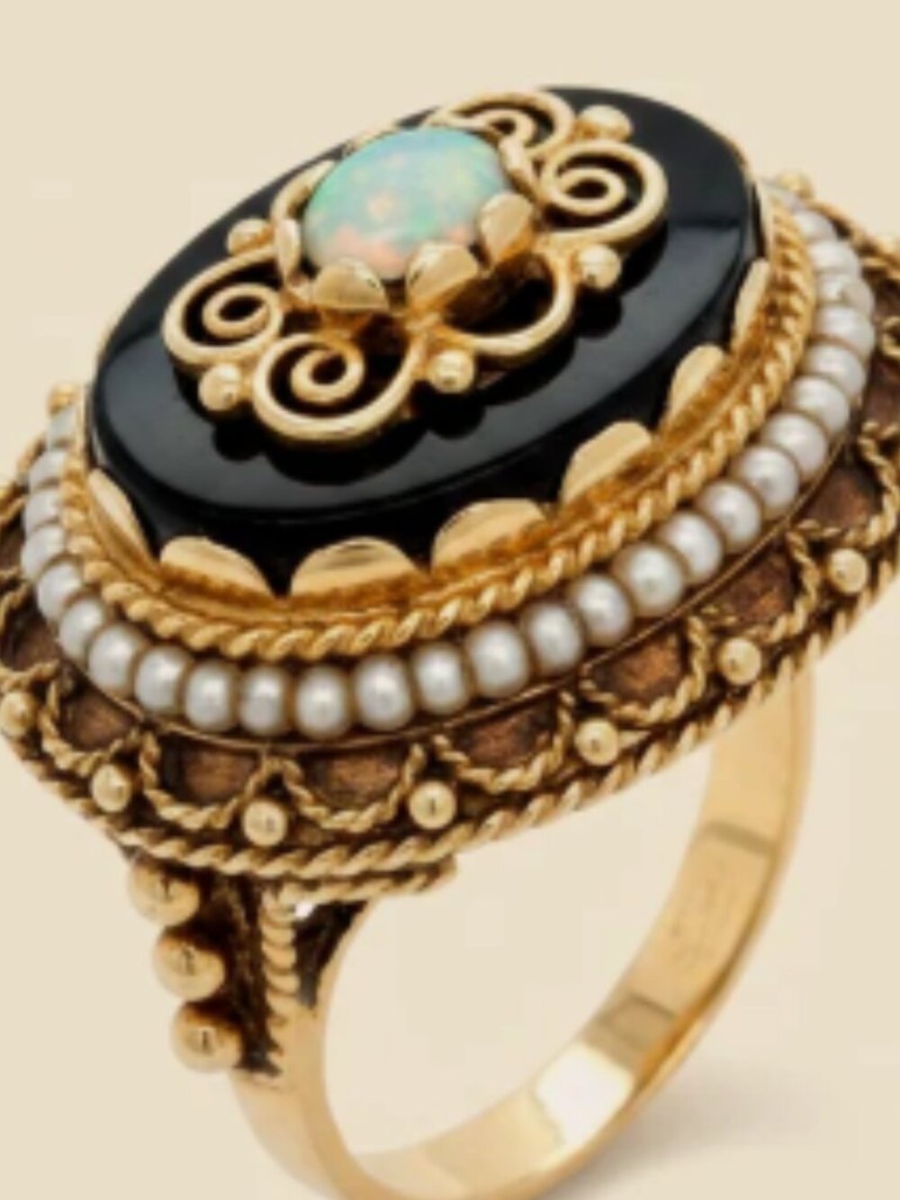 14K Opal, Onyx, Seed Pearl Solid Yellow Gold Gorgeous Ring